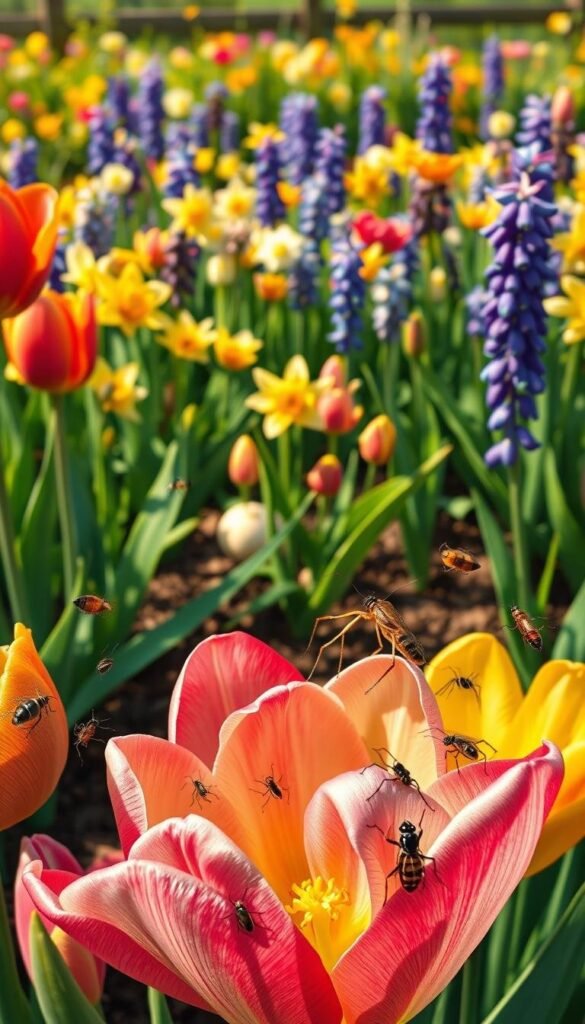 A vibrant, detailed illustration of common pests affecting bulb flowers in a US garden. In the foreground, showcase a variety of pests such as aphids, thrips, and spider mites infesting the delicate petals and stems of tulips, daffodils, and hyacinths. In the middle ground, depict the damage caused by these insects, with wilted, discolored foliage and bulbs. In the background, set the scene of a lush, well-tended garden bed filled with an array of blooming bulb flowers. Use a warm, natural lighting scheme with soft shadows to enhance the realism. Render the image with a high level of detail and photorealistic quality to effectively convey the challenges faced by gardeners growing these beloved flowers. A vibrant, detailed illustration of common pests affecting bulb flowers in a US garden. In the foreground, showcase a variety of pests such as aphids, thrips, and spider mites infesting the delicate petals and stems of tulips, daffodils, and hyacinths. In the middle ground, depict the damage caused by these insects, with wilted, discolored foliage and bulbs. In the background, set the scene of a lush, well-tended garden bed filled with an array of blooming bulb flowers. Use a warm, natural lighting scheme with soft shadows to enhance the realism. Render the image with a high level of detail and photorealistic quality to effectively convey the challenges faced by gardeners growing these beloved flowers.