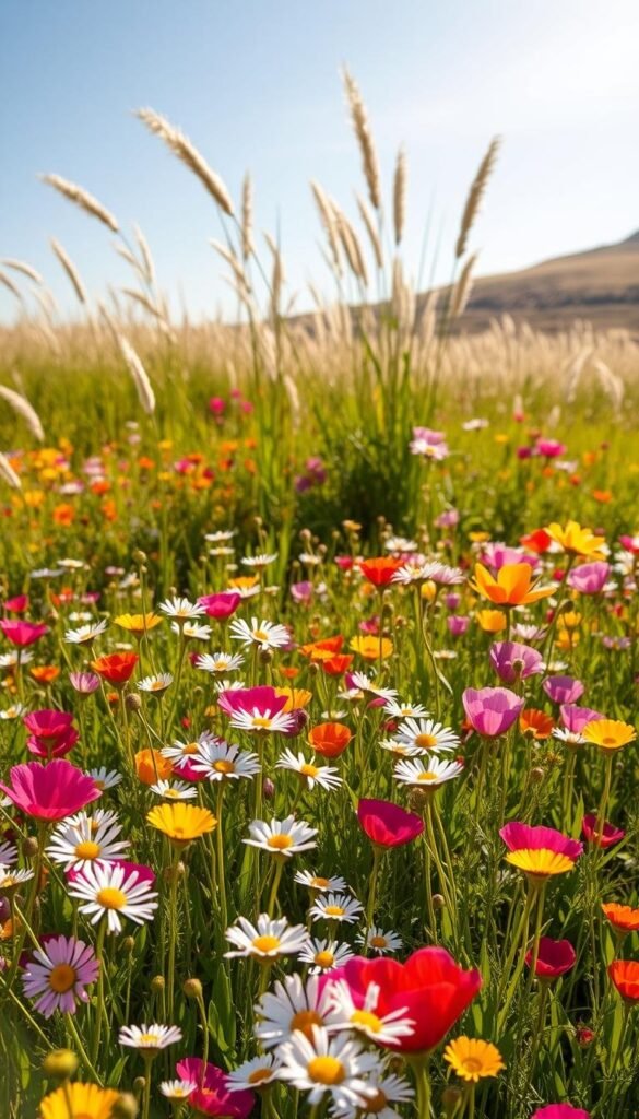 A vibrant field of blooming spring wildflowers bathed in warm, golden sunlight. In the foreground, a lush carpet of colorful petals - delicate daisies, cheerful buttercups, and vibrant poppies sway gently in a light breeze. The mid-ground features tall, swaying grasses and clusters of wildflowers in shades of pink, purple, and yellow, creating a rich tapestry of nature's palette. The background depicts a gently rolling hillside, softly blurred, with a clear blue sky overhead. The overall scene evokes a sense of tranquility, renewal, and the beauty of the natural world awakening from winter's slumber. A vibrant field of blooming spring wildflowers bathed in warm, golden sunlight. In the foreground, a lush carpet of colorful petals - delicate daisies, cheerful buttercups, and vibrant poppies sway gently in a light breeze. The mid-ground features tall, swaying grasses and clusters of wildflowers in shades of pink, purple, and yellow, creating a rich tapestry of nature's palette. The background depicts a gently rolling hillside, softly blurred, with a clear blue sky overhead. The overall scene evokes a sense of tranquility, renewal, and the beauty of the natural world awakening from winter's slumber.