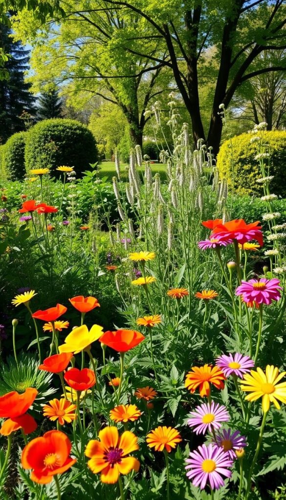 A vibrant spring garden, sunlight filtering through lush foliage. In the foreground, a variety of annual flowers in bloom - bright poppies, delicate pansies, and cheerful marigolds. In the middle ground, perennial plants stand tall and proud, their verdant leaves and subtle blossoms contrasting with the annuals. The background features a harmonious blend of mature trees and shrubs, casting gentle shadows across the scene. The overall composition conveys a sense of balance, vitality, and the cyclical nature of plant life. Captured with a wide-angle lens, this scene invites the viewer to immerse themselves in the tranquil beauty of the springtime garden. A vibrant spring garden, sunlight filtering through lush foliage. In the foreground, a variety of annual flowers in bloom - bright poppies, delicate pansies, and cheerful marigolds. In the middle ground, perennial plants stand tall and proud, their verdant leaves and subtle blossoms contrasting with the annuals. The background features a harmonious blend of mature trees and shrubs, casting gentle shadows across the scene. The overall composition conveys a sense of balance, vitality, and the cyclical nature of plant life. Captured with a wide-angle lens, this scene invites the viewer to immerse themselves in the tranquil beauty of the springtime garden.