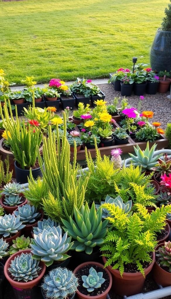 A vibrant, well-organized garden filled with an array of easy-to-grow plants, succulents, and herbs. The foreground showcases a variety of potted plants, each with unique textures and colors, arranged in a harmonious display. In the middle ground, raised garden beds brimming with lush greens and vibrant blooms create an inviting focal point. The background features a neatly trimmed lawn, with a warm, golden hour lighting casting a soft, serene glow over the entire scene. The overall composition conveys a sense of simplicity, order, and the joy of nurturing a thriving, low-maintenance garden. A vibrant, well-organized garden filled with an array of easy-to-grow plants, succulents, and herbs. The foreground showcases a variety of potted plants, each with unique textures and colors, arranged in a harmonious display. In the middle ground, raised garden beds brimming with lush greens and vibrant blooms create an inviting focal point. The background features a neatly trimmed lawn, with a warm, golden hour lighting casting a soft, serene glow over the entire scene. The overall composition conveys a sense of simplicity, order, and the joy of nurturing a thriving, low-maintenance garden.
