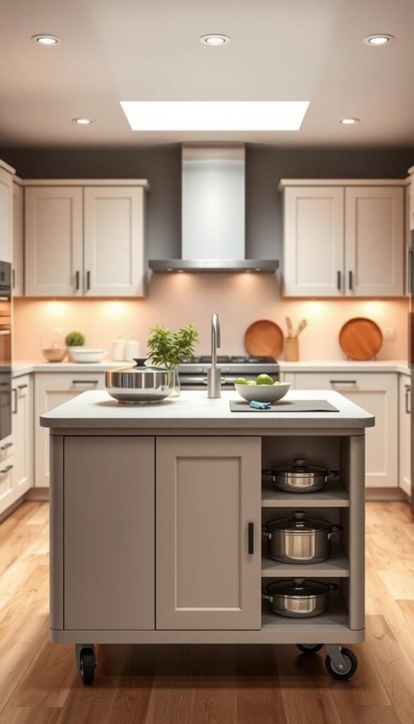 A visually stunning and detailed mobile kitchen island in a modern, bright and airy kitchen setting. The island features a sleek, minimalist design with clean lines and a neutral color palette, seamlessly blending into the surrounding cabinetry and countertops. The island has a spacious work surface, with ample storage space underneath for pots, pans, and other kitchen essentials. Soft, diffused lighting from above illuminates the scene, creating a warm and inviting atmosphere. The camera angle captures the island from a slightly elevated perspective, showcasing its versatility and functionality within the kitchen layout. The overall mood is one of sophistication, organization, and culinary inspiration. A visually stunning and detailed mobile kitchen island in a modern, bright and airy kitchen setting. The island features a sleek, minimalist design with clean lines and a neutral color palette, seamlessly blending into the surrounding cabinetry and countertops. The island has a spacious work surface, with ample storage space underneath for pots, pans, and other kitchen essentials. Soft, diffused lighting from above illuminates the scene, creating a warm and inviting atmosphere. The camera angle captures the island from a slightly elevated perspective, showcasing its versatility and functionality within the kitchen layout. The overall mood is one of sophistication, organization, and culinary inspiration.