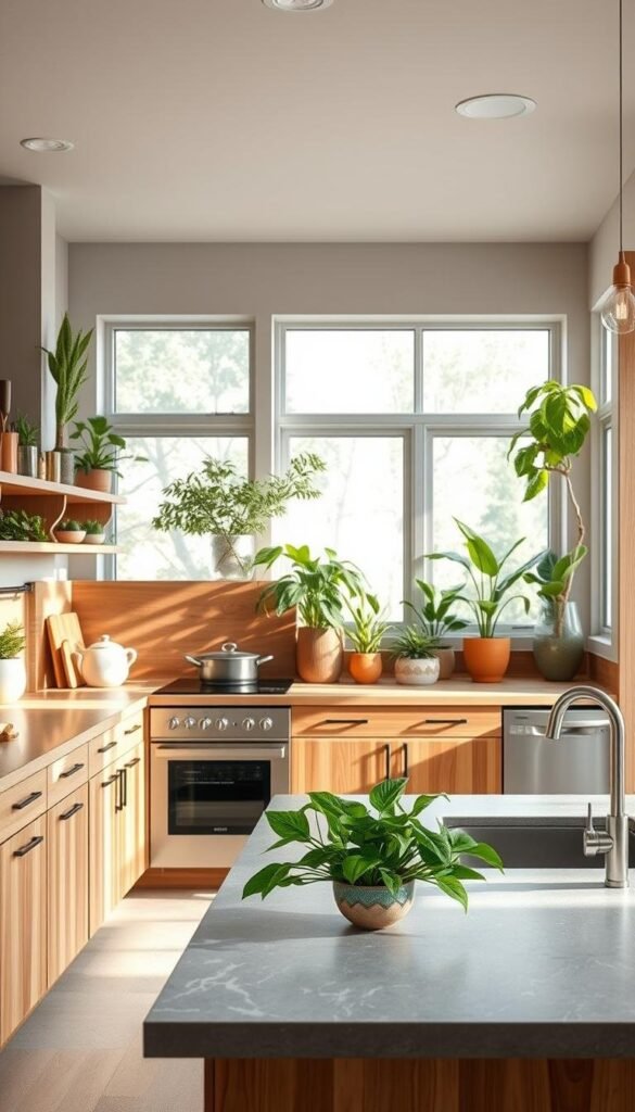 A well-lit, airy kitchen with an abundance of natural wood, stone, and plant-based materials. In the foreground, a selection of eco-friendly countertops, including bamboo, recycled glass, and soapstone, are neatly arranged. In the middle ground, a collection of energy-efficient appliances, such as a sleek induction cooktop and a high-performance dishwasher, stand out against the backdrop of a warm, earthy-toned backsplash. The background features large windows that flood the space with soft, diffused sunlight, highlighting the lush greenery and potted plants that add a touch of natural elegance to the space. The overall atmosphere evokes a sense of tranquility and a commitment to sustainable, thoughtful design. A well-lit, airy kitchen with an abundance of natural wood, stone, and plant-based materials. In the foreground, a selection of eco-friendly countertops, including bamboo, recycled glass, and soapstone, are neatly arranged. In the middle ground, a collection of energy-efficient appliances, such as a sleek induction cooktop and a high-performance dishwasher, stand out against the backdrop of a warm, earthy-toned backsplash. The background features large windows that flood the space with soft, diffused sunlight, highlighting the lush greenery and potted plants that add a touch of natural elegance to the space. The overall atmosphere evokes a sense of tranquility and a commitment to sustainable, thoughtful design.