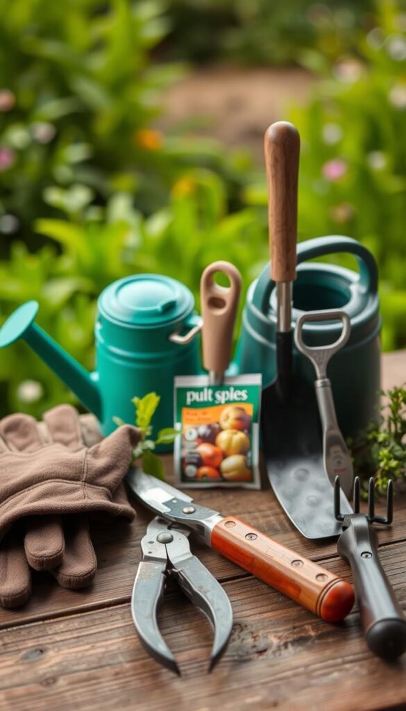 A well-lit, high-angle shot of a neatly arranged collection of essential gardening tools and supplies. In the foreground, a pair of sturdy gardening gloves, secateurs, and a trowel lay on a wooden surface. In the middle ground, a watering can, a small hand cultivator, and a packet of vegetable seeds stand upright. The background features a verdant, out-of-focus garden scene, suggesting the tools' purpose and the lush, thriving environment they serve. The overall composition emphasizes the practical, utilitarian nature of these gardening essentials, conveying a sense of preparedness and the promise of a fruitful, productive growing season. A well-lit, high-angle shot of a neatly arranged collection of essential gardening tools and supplies. In the foreground, a pair of sturdy gardening gloves, secateurs, and a trowel lay on a wooden surface. In the middle ground, a watering can, a small hand cultivator, and a packet of vegetable seeds stand upright. The background features a verdant, out-of-focus garden scene, suggesting the tools' purpose and the lush, thriving environment they serve. The overall composition emphasizes the practical, utilitarian nature of these gardening essentials, conveying a sense of preparedness and the promise of a fruitful, productive growing season.