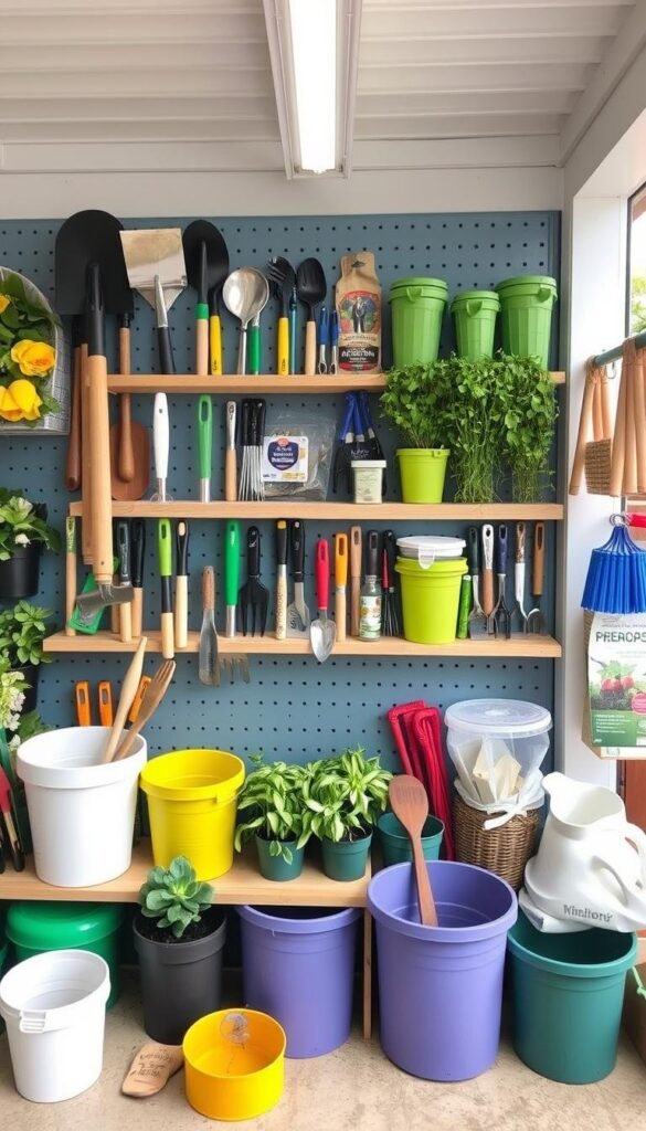 A well-lit, neatly arranged composition of budget-friendly essential gardening supplies. In the foreground, a trowel, pruning shears, and a hand cultivator sit atop a burlap sack. In the middle ground, a watering can, a small bag of potting soil, and a pack of vegetable seeds rest on a rustic wooden surface. The background features a verdant garden scene with lush foliage and a hint of blue sky, conveying a sense of tranquility and productivity. The overall mood is one of simplicity, functionality, and a down-to-earth approach to starting a garden on a budget. A well-lit, neatly arranged composition of budget-friendly essential gardening supplies. In the foreground, a trowel, pruning shears, and a hand cultivator sit atop a burlap sack. In the middle ground, a watering can, a small bag of potting soil, and a pack of vegetable seeds rest on a rustic wooden surface. The background features a verdant garden scene with lush foliage and a hint of blue sky, conveying a sense of tranquility and productivity. The overall mood is one of simplicity, functionality, and a down-to-earth approach to starting a garden on a budget.