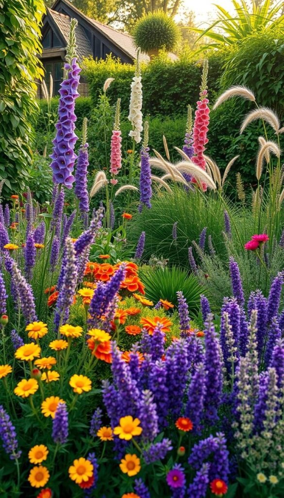 An idyllic English cottage garden, overflowing with a vibrant array of companion plants. In the foreground, clusters of colorful blooms - delicate lavender, cheery marigolds, and fragrant rosemary intertwine, creating a tapestry of textures and hues. In the middle ground, towering hollyhocks and towering foxgloves stand tall, their spires reaching towards the sun. Lush, verdant foliage frames the scene, with swaying grasses and trailing vines softening the edges. The lighting is warm and golden, evoking a sense of timeless charm and tranquility. Captured through a wide-angle lens, the image conveys the beauty and harmony of a well-designed cottage garden, where plants work in symbiosis to create a captivating and naturalistic display. An idyllic English cottage garden, overflowing with a vibrant array of companion plants. In the foreground, clusters of colorful blooms - delicate lavender, cheery marigolds, and fragrant rosemary intertwine, creating a tapestry of textures and hues. In the middle ground, towering hollyhocks and towering foxgloves stand tall, their spires reaching towards the sun. Lush, verdant foliage frames the scene, with swaying grasses and trailing vines softening the edges. The lighting is warm and golden, evoking a sense of timeless charm and tranquility. Captured through a wide-angle lens, the image conveys the beauty and harmony of a well-designed cottage garden, where plants work in symbiosis to create a captivating and naturalistic display.