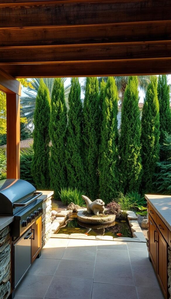An idyllic outdoor kitchen nestled in a lush, verdant backyard. The scene features a well-appointed cooking area with a sleek stainless steel grill, a weathered wooden island, and a stone-clad countertop. Overhead, a rustic wooden pergola casts a gentle shadow, creating a warm, inviting ambiance. The middle ground showcases a tranquil koi pond, with its calming waters reflecting the surrounding flora. In the background, a row of tall, swaying trees frames the scene, providing natural privacy and a sense of seclusion. The overall atmosphere is one of peaceful relaxation, perfect for entertaining and al fresco dining. An idyllic outdoor kitchen nestled in a lush, verdant backyard. The scene features a well-appointed cooking area with a sleek stainless steel grill, a weathered wooden island, and a stone-clad countertop. Overhead, a rustic wooden pergola casts a gentle shadow, creating a warm, inviting ambiance. The middle ground showcases a tranquil koi pond, with its calming waters reflecting the surrounding flora. In the background, a row of tall, swaying trees frames the scene, providing natural privacy and a sense of seclusion. The overall atmosphere is one of peaceful relaxation, perfect for entertaining and al fresco dining.