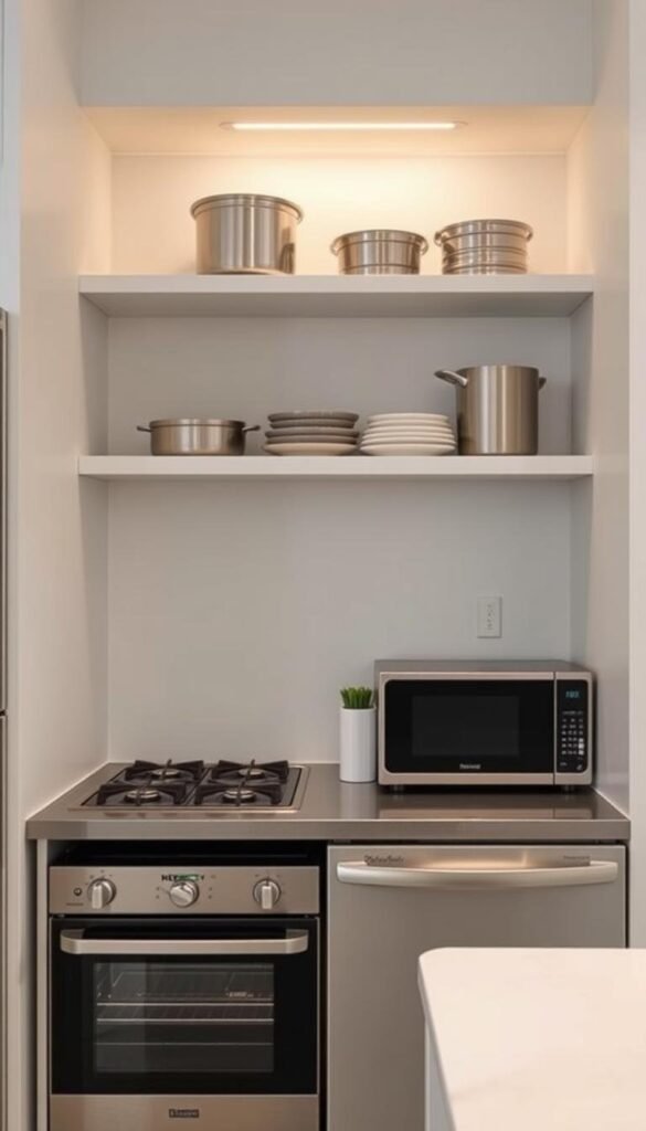 Compact appliances neatly arranged in a modern, minimalist kitchen. Sleek, stainless steel cooktop, oven, and dishwasher tucked into a streamlined, space-saving design. Floating shelves above hold essential cookware, creating an illusion of openness. Soft, indirect lighting casts a warm glow, enhancing the sense of efficiency and organization. Neutral tones of gray and white dominate the scene, accented by a touch of greenery for a fresh, natural touch. The overall atmosphere evokes a harmonious blend of function and style, perfectly suited for a small, urban kitchen. Compact appliances neatly arranged in a modern, minimalist kitchen. Sleek, stainless steel cooktop, oven, and dishwasher tucked into a streamlined, space-saving design. Floating shelves above hold essential cookware, creating an illusion of openness. Soft, indirect lighting casts a warm glow, enhancing the sense of efficiency and organization. Neutral tones of gray and white dominate the scene, accented by a touch of greenery for a fresh, natural touch. The overall atmosphere evokes a harmonious blend of function and style, perfectly suited for a small, urban kitchen.