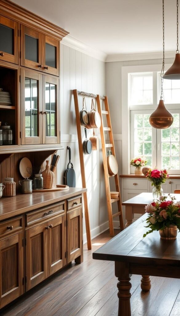 Cozy cottage kitchen, sun-drenched and filled with rustic charm. Farmhouse-style wooden cabinetry, adorned with weathered brass hardware, provides ample storage space. Woven baskets and jars line the shelves, housing an assortment of cooking essentials. A vintage ladder leans against the wall, its rungs serving as a display for hanging pots and pans. Warm, natural lighting streams through the large, casement windows, casting a soft glow over the weathered wood surfaces. Quaint copper accents and a cheerful floral arrangement on the farmhouse-style table complete the inviting, homey atmosphere. Cozy cottage kitchen, sun-drenched and filled with rustic charm. Farmhouse-style wooden cabinetry, adorned with weathered brass hardware, provides ample storage space. Woven baskets and jars line the shelves, housing an assortment of cooking essentials. A vintage ladder leans against the wall, its rungs serving as a display for hanging pots and pans. Warm, natural lighting streams through the large, casement windows, casting a soft glow over the weathered wood surfaces. Quaint copper accents and a cheerful floral arrangement on the farmhouse-style table complete the inviting, homey atmosphere.