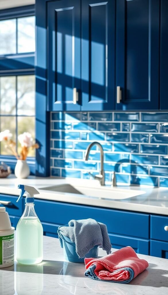 Detailed image of a well-lit, modern blue kitchen showcasing maintenance tips. In the foreground, various cleaning supplies, a bucket, and microfiber cloths are neatly arranged. In the middle ground, a sparkling quartz countertop and a porcelain farmhouse sink take center stage. The backsplash features lustrous blue subway tiles that reflect the natural light streaming in from large windows in the background. Sleek, handleless cabinet doors in a rich, navy blue hue line the walls, accentuated by subtle under-cabinet lighting. The overall atmosphere is one of clean, organized efficiency, with a focus on maintaining the beauty and functionality of this stunning blue kitchen. Detailed image of a well-lit, modern blue kitchen showcasing maintenance tips. In the foreground, various cleaning supplies, a bucket, and microfiber cloths are neatly arranged. In the middle ground, a sparkling quartz countertop and a porcelain farmhouse sink take center stage. The backsplash features lustrous blue subway tiles that reflect the natural light streaming in from large windows in the background. Sleek, handleless cabinet doors in a rich, navy blue hue line the walls, accentuated by subtle under-cabinet lighting. The overall atmosphere is one of clean, organized efficiency, with a focus on maintaining the beauty and functionality of this stunning blue kitchen.