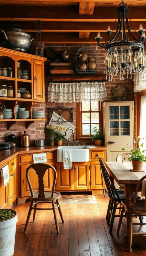 Detailed vintage kitchen interior, warm golden lighting, natural wooden cabinets and shelves, antique copper pots and pans, glass jars with herbs, aged brick backsplash, farmhouse sink, ornate chandelier, lace curtains, floral patterns on tea towels, rustic wooden table with mismatched chairs, worn hardwood floors, potted plants, cozy atmosphere evoking an old-world charm. Detailed vintage kitchen interior, warm golden lighting, natural wooden cabinets and shelves, antique copper pots and pans, glass jars with herbs, aged brick backsplash, farmhouse sink, ornate chandelier, lace curtains, floral patterns on tea towels, rustic wooden table with mismatched chairs, worn hardwood floors, potted plants, cozy atmosphere evoking an old-world charm.