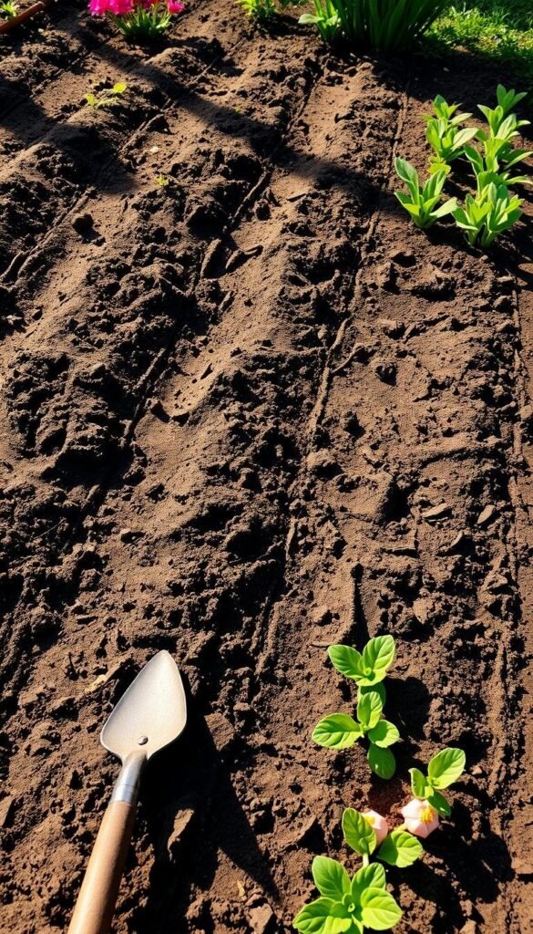 Lush spring garden bed, freshly tilled earth, sunlight gently filtering through soft clouds. Rows of neatly turned soil, ready to receive new life. Gardening tools - trowel, rake, and hoe - stand at the ready. Colorful seedlings and bulbs await planting, their vibrant hues promising a kaleidoscope of blooms. A sense of anticipation and renewal fills the air, as the gardener prepares the ideal conditions for a bountiful spring harvest. Crisp, clean light illuminates the scene, casting long shadows and highlighting the rich, dark loam. The composition is balanced, with the garden bed taking center stage, framed by the gentle curves of the landscape. Lush spring garden bed, freshly tilled earth, sunlight gently filtering through soft clouds. Rows of neatly turned soil, ready to receive new life. Gardening tools - trowel, rake, and hoe - stand at the ready. Colorful seedlings and bulbs await planting, their vibrant hues promising a kaleidoscope of blooms. A sense of anticipation and renewal fills the air, as the gardener prepares the ideal conditions for a bountiful spring harvest. Crisp, clean light illuminates the scene, casting long shadows and highlighting the rich, dark loam. The composition is balanced, with the garden bed taking center stage, framed by the gentle curves of the landscape.