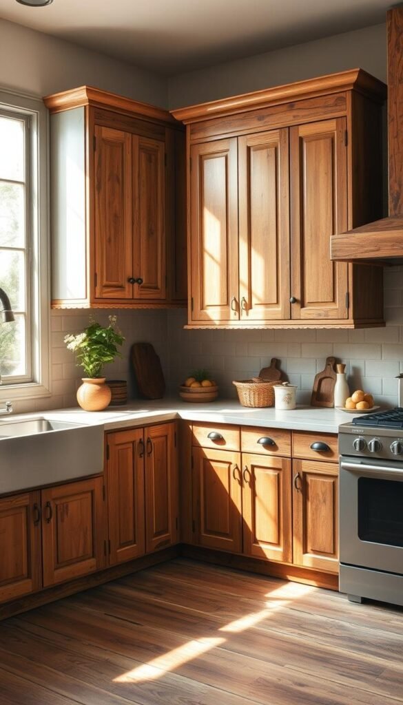 Rustic kitchen cabinets in warm, earthy tones, illuminated by soft, natural lighting streaming through a large window. Distressed wood textures and vintage hardware create a cozy, lived-in atmosphere. The cabinets are arranged in a classic L-shape layout, complemented by a simple, neutral backsplash. Hints of greenery and neutral-toned decor elements add subtle pops of color, completing the inviting, timeless aesthetic. Captured from a slightly elevated angle to showcase the overall composition and color palette. Rustic kitchen cabinets in warm, earthy tones, illuminated by soft, natural lighting streaming through a large window. Distressed wood textures and vintage hardware create a cozy, lived-in atmosphere. The cabinets are arranged in a classic L-shape layout, complemented by a simple, neutral backsplash. Hints of greenery and neutral-toned decor elements add subtle pops of color, completing the inviting, timeless aesthetic. Captured from a slightly elevated angle to showcase the overall composition and color palette.
