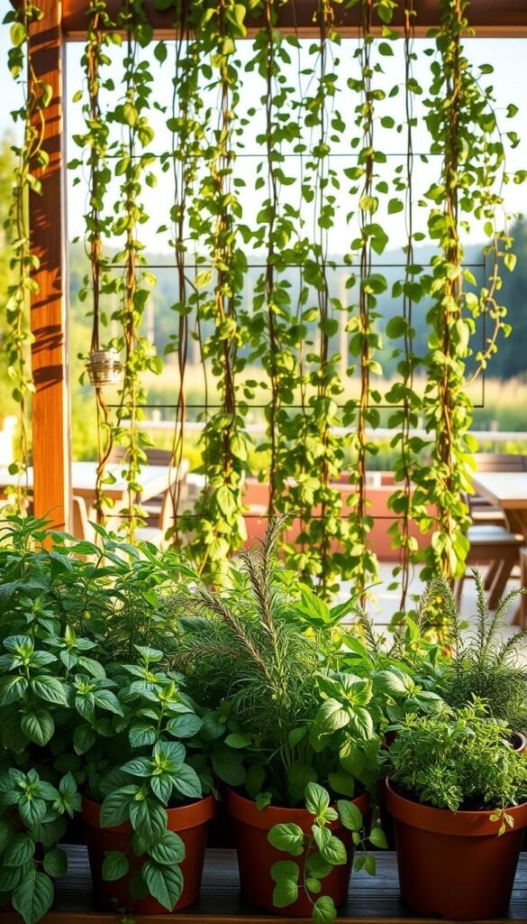 Vertical herb garden design ideas, featuring an array of lush greenery cascading down a wooden or metal frame. A focal point of the composition, the vertical structure is bathed in warm, natural lighting, casting gentle shadows that accentuate the different textures and shapes of the herbs. In the foreground, various potted herbs such as basil, thyme, and rosemary are neatly arranged, their vibrant colors and delicate foliage creating a visually compelling display. The middle ground showcases the vertical garden itself, with trailing vines and leafy greens artfully arranged in a harmonious, symmetrical pattern. The background suggests a serene, garden-like setting, perhaps with a glimpse of a tranquil patio or a verdant landscape beyond, setting the stage for this practical and aesthetically pleasing herb garden layout. Vertical herb garden design ideas, featuring an array of lush greenery cascading down a wooden or metal frame. A focal point of the composition, the vertical structure is bathed in warm, natural lighting, casting gentle shadows that accentuate the different textures and shapes of the herbs. In the foreground, various potted herbs such as basil, thyme, and rosemary are neatly arranged, their vibrant colors and delicate foliage creating a visually compelling display. The middle ground showcases the vertical garden itself, with trailing vines and leafy greens artfully arranged in a harmonious, symmetrical pattern. The background suggests a serene, garden-like setting, perhaps with a glimpse of a tranquil patio or a verdant landscape beyond, setting the stage for this practical and aesthetically pleasing herb garden layout.