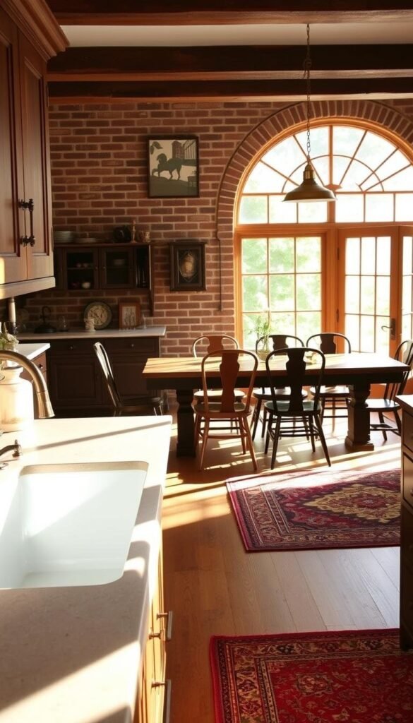Vintage kitchen layout ideas: a cozy, sun-drenched space with a timeless charm. In the foreground, a classic farmhouse-style sink and wooden cabinetry with oil-rubbed bronze hardware. Middle ground features a large, antique-inspired kitchen table surrounded by mismatched vintage chairs. The background showcases a rustic brick wall, offset by a large, arched window that floods the room with warm, natural light. Brass pendant lights and a vintage-inspired rug complete the scene, creating a harmonious blend of old and new. The overall atmosphere is one of comfortable elegance, evoking the charm of a bygone era. Vintage kitchen layout ideas: a cozy, sun-drenched space with a timeless charm. In the foreground, a classic farmhouse-style sink and wooden cabinetry with oil-rubbed bronze hardware. Middle ground features a large, antique-inspired kitchen table surrounded by mismatched vintage chairs. The background showcases a rustic brick wall, offset by a large, arched window that floods the room with warm, natural light. Brass pendant lights and a vintage-inspired rug complete the scene, creating a harmonious blend of old and new. The overall atmosphere is one of comfortable elegance, evoking the charm of a bygone era.