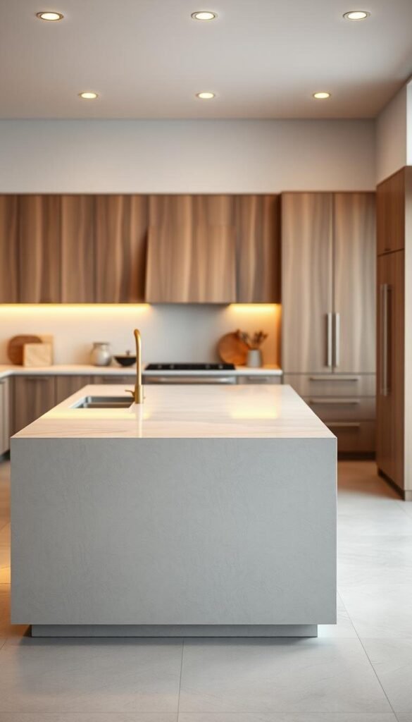 a highly detailed, cinematic photograph of the latest kitchen island design trends, showcasing a range of materials and colors. the foreground features a large, modern kitchen island with a sleek, minimalist design in a neutral tone, perhaps a light gray or beige quartz or marble countertop. the middle ground reveals the surrounding kitchen, with a mix of natural wood cabinets, metallic accents, and pops of color in the backsplash tiles or appliances. the background is softly blurred, creating a sense of depth and emphasizing the island as the focal point. the lighting is warm and inviting, casting a gentle glow over the scene. the overall mood is one of sophistication, style, and on-trend design. a highly detailed, cinematic photograph of the latest kitchen island design trends, showcasing a range of materials and colors. the foreground features a large, modern kitchen island with a sleek, minimalist design in a neutral tone, perhaps a light gray or beige quartz or marble countertop. the middle ground reveals the surrounding kitchen, with a mix of natural wood cabinets, metallic accents, and pops of color in the backsplash tiles or appliances. the background is softly blurred, creating a sense of depth and emphasizing the island as the focal point. the lighting is warm and inviting, casting a gentle glow over the scene. the overall mood is one of sophistication, style, and on-trend design.