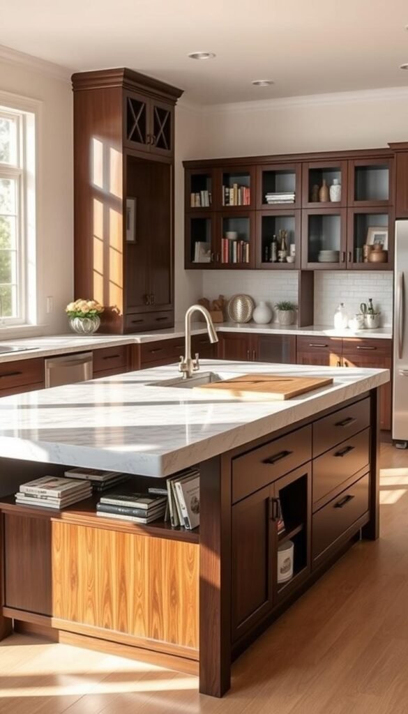a sleek, multi-functional kitchen island with unique features, basking in warm, natural lighting from large windows. The island's countertop is a stunning, veined marble with an integrated sink and cutting board. Beneath the counter, there are deep drawers and cabinets for storage, as well as open shelving displaying an array of cookbooks and decorative accents. The island's legs are made of dark, polished wood that seamlessly blends with the surrounding cabinetry. In the background, the kitchen features a neutral color palette, with white walls and light hardwood floors, creating a clean and inviting atmosphere. The overall composition emphasizes the island's central role in the kitchen, showcasing its practical and aesthetic value. a sleek, multi-functional kitchen island with unique features, basking in warm, natural lighting from large windows. The island's countertop is a stunning, veined marble with an integrated sink and cutting board. Beneath the counter, there are deep drawers and cabinets for storage, as well as open shelving displaying an array of cookbooks and decorative accents. The island's legs are made of dark, polished wood that seamlessly blends with the surrounding cabinetry. In the background, the kitchen features a neutral color palette, with white walls and light hardwood floors, creating a clean and inviting atmosphere. The overall composition emphasizes the island's central role in the kitchen, showcasing its practical and aesthetic value.
