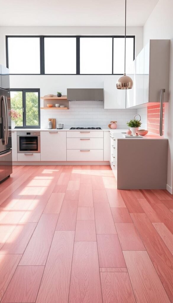 high-quality, detailed, photorealistic, well-lit, professionally shot image of a variety of pink kitchen flooring options, including tile, hardwood, and vinyl, showcased in a modern, minimalist kitchen interior with white walls, sleek cabinets, and natural lighting from large windows. The flooring options should be displayed prominently, allowing the viewer to clearly see the different textures, patterns, and shades of pink. The overall composition should be visually appealing, highlighting the beauty and versatility of pink as a kitchen flooring choice. high-quality, detailed, photorealistic, well-lit, professionally shot image of a variety of pink kitchen flooring options, including tile, hardwood, and vinyl, showcased in a modern, minimalist kitchen interior with white walls, sleek cabinets, and natural lighting from large windows. The flooring options should be displayed prominently, allowing the viewer to clearly see the different textures, patterns, and shades of pink. The overall composition should be visually appealing, highlighting the beauty and versatility of pink as a kitchen flooring choice.