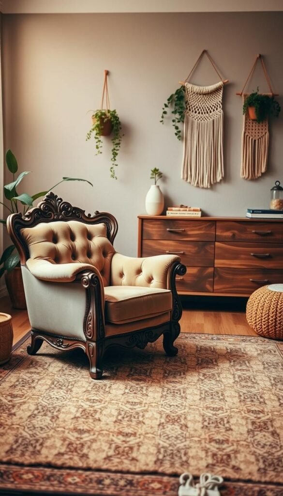 A boho-chic nursery setting, bathed in warm, soft lighting. In the foreground, an intricately carved, vintage-inspired armchair with tufted velvet upholstery in muted earth tones. A plush, patterned rug grounds the scene, its intricate woven design echoing the chair's ornamentation. In the middle ground, a sleek, mid-century inspired dresser in a rich, distressed wood tone, its clean lines complementing the more ornate pieces. Trailing plants and macrame wall hangings add texture and a sense of natural, bohemian flair. The background features a muted, textured wall, hinting at the cozy, welcoming atmosphere of this unique, statement-making nursery.