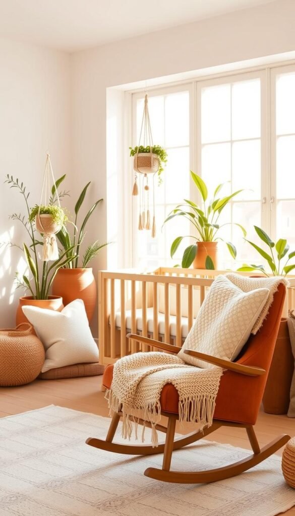 A bright, airy boho nursery with a calming, neutral color palette. In the foreground, a cozy rocking chair upholstered in soft, textured terracotta fabric. Plush ivory pillows and a woven throw blanket create a welcoming, relaxed atmosphere. The middle ground features a wooden crib with a simple, minimalist design, accented by a hanging macrame plant holder and a wooden mobile. In the background, earthy-toned terracotta planters hold lush greenery, casting gentle shadows across the room. Warm, natural lighting filters in through large windows, lending a dreamy, serene ambiance. The overall impression is one of tranquility, comfort, and a touch of bohemian flair.