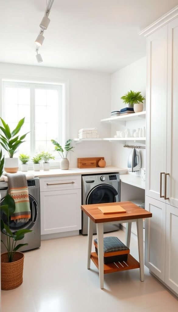 A bright, airy laundry room with clean, minimalist design. Crisp white walls and cabinetry provide a blank canvas for pops of color from plush textiles and potted greenery. A large window floods the space with natural light, complemented by modern track lighting casting a warm glow. Sleek, stainless steel appliances and a folding table with sturdy wooden top create a functional yet stylish workflow. Floating shelves display decorative accents, while a built-in ironing board and hidden storage keep the room organized and clutter-free. This inviting, well-appointed laundry room reflects a balance of form and function, elevating a practical space into a chic, serene sanctuary. A bright, airy laundry room with clean, minimalist design. Crisp white walls and cabinetry provide a blank canvas for pops of color from plush textiles and potted greenery. A large window floods the space with natural light, complemented by modern track lighting casting a warm glow. Sleek, stainless steel appliances and a folding table with sturdy wooden top create a functional yet stylish workflow. Floating shelves display decorative accents, while a built-in ironing board and hidden storage keep the room organized and clutter-free. This inviting, well-appointed laundry room reflects a balance of form and function, elevating a practical space into a chic, serene sanctuary.