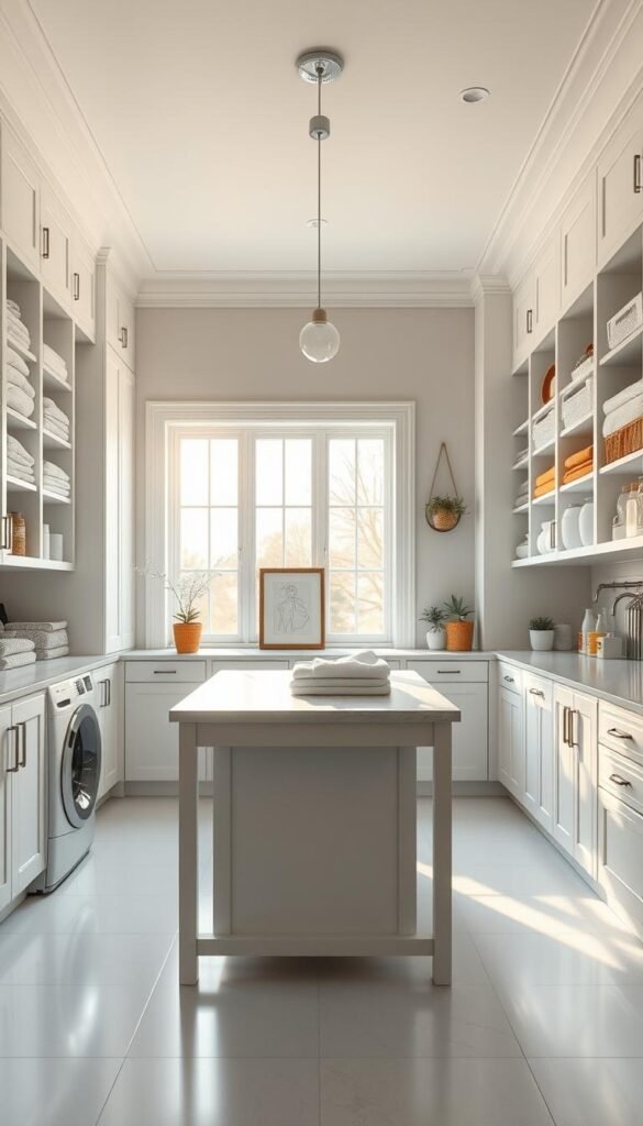 A bright and organized laundry room, with ample storage solutions lining the walls. Sleek white cabinets and shelves neatly arrange folded linens, detergents, and cleaning supplies. A spacious folding table sits in the center, illuminated by warm, natural light filtering through large windows. The room has a minimalist, yet functional design, with a harmonious color palette of grays and whites. Carefully curated decor, such as potted plants and framed artwork, add a touch of personality, while keeping the space clutter-free and visually appealing. The overall atmosphere is one of efficiency, tranquility, and a sense of well-being, highlighting the importance of thoughtful laundry room design. A bright and organized laundry room, with ample storage solutions lining the walls. Sleek white cabinets and shelves neatly arrange folded linens, detergents, and cleaning supplies. A spacious folding table sits in the center, illuminated by warm, natural light filtering through large windows. The room has a minimalist, yet functional design, with a harmonious color palette of grays and whites. Carefully curated decor, such as potted plants and framed artwork, add a touch of personality, while keeping the space clutter-free and visually appealing. The overall atmosphere is one of efficiency, tranquility, and a sense of well-being, highlighting the importance of thoughtful laundry room design.