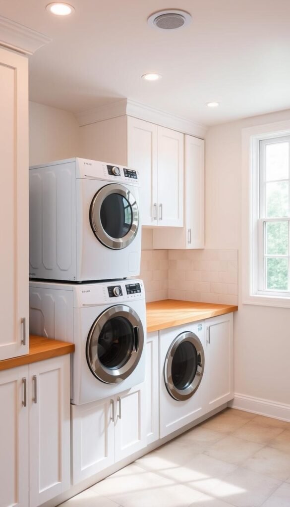 A bright and organized laundry room with clean, minimalist aesthetics. In the foreground, a stackable washer and dryer unit sits atop a row of sleek, white cabinets providing ample storage space. The middle ground features a butcher block countertop, providing a functional work surface for folding and sorting laundry. The background showcases a tiled backsplash in a subtle, neutral tone, complementing the overall neutral color palette. Soft, diffused lighting from overhead fixtures creates a warm, inviting atmosphere, while a large window allows natural light to flood the space. The room conveys a sense of efficiency, practicality, and budget-friendly design. A bright and organized laundry room with clean, minimalist aesthetics. In the foreground, a stackable washer and dryer unit sits atop a row of sleek, white cabinets providing ample storage space. The middle ground features a butcher block countertop, providing a functional work surface for folding and sorting laundry. The background showcases a tiled backsplash in a subtle, neutral tone, complementing the overall neutral color palette. Soft, diffused lighting from overhead fixtures creates a warm, inviting atmosphere, while a large window allows natural light to flood the space. The room conveys a sense of efficiency, practicality, and budget-friendly design.