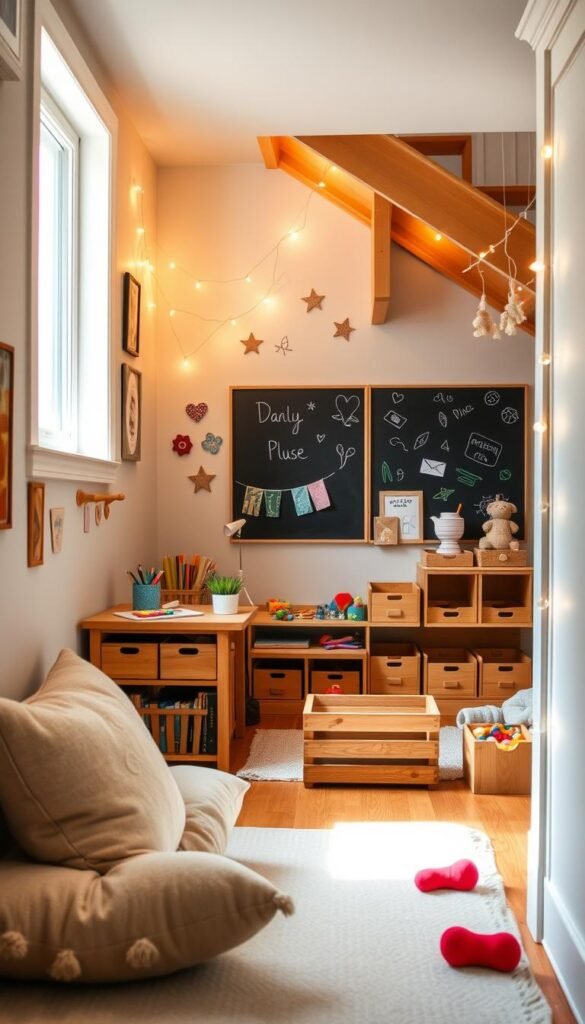 A bright, spacious under-stairs space converted into a charming DIY playroom. In the foreground, a cozy reading nook with plush pillows and a miniature bookshelf. Across, a crafting table with vibrant art supplies and a chalkboard wall for doodles. The middle ground features an array of wooden toy bins and a soft play mat, creating a safe and engaging play area. Warm, natural lighting from a side window bathes the scene, complemented by whimsical wall decor and fairy lights strung along the staircase. The background showcases the seamless integration of the playroom into the home's architecture, with the stairs and surrounding walls painted in a soothing, neutral palette.