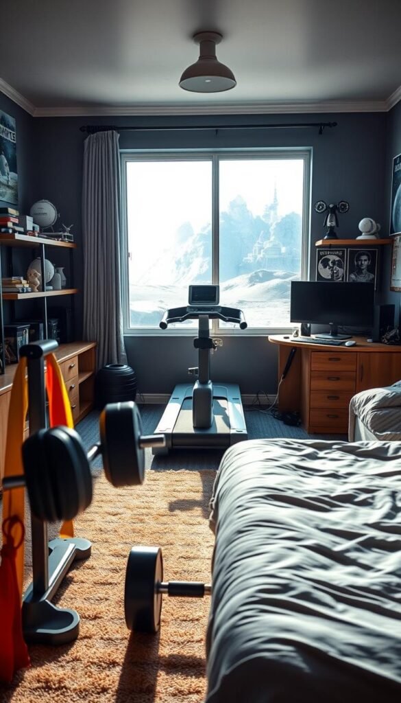 A bright, sun-lit astronaut training bedroom with a focus on physical activity features. In the foreground, a weightlifting station with various free weights and resistance bands. In the middle ground, a treadmill and exercise bike facing a large window overlooking a simulated lunar landscape. The background features shelves displaying model spacecraft, space-themed posters, and a desk with a high-tech computer setup. The lighting is warm and natural, creating a motivating atmosphere for the aspiring astronaut. A sense of adventure and exploration permeates the scene, inspiring the occupant to push their limits and achieve their cosmic dreams.