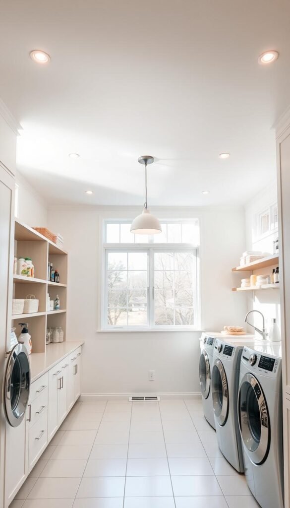 A bright, well-lit laundry room with ample overhead lighting illuminating the space. Sleek LED fixtures mounted on the ceiling cast an even, natural glow across the room. Recessed spotlights accent key areas like the folding table and washing machine. Large windows let in abundant natural light, creating a cheerful, airy atmosphere. Crisp white walls and tile flooring reflect the luminance, while open shelving displays neatly organized detergents and cleaning supplies. A modern pendant light hangs above the sink, providing focused task lighting. The room feels polished, functional and inviting - the perfect environment for taking care of daily laundry chores. A bright, well-lit laundry room with ample overhead lighting illuminating the space. Sleek LED fixtures mounted on the ceiling cast an even, natural glow across the room. Recessed spotlights accent key areas like the folding table and washing machine. Large windows let in abundant natural light, creating a cheerful, airy atmosphere. Crisp white walls and tile flooring reflect the luminance, while open shelving displays neatly organized detergents and cleaning supplies. A modern pendant light hangs above the sink, providing focused task lighting. The room feels polished, functional and inviting - the perfect environment for taking care of daily laundry chores.