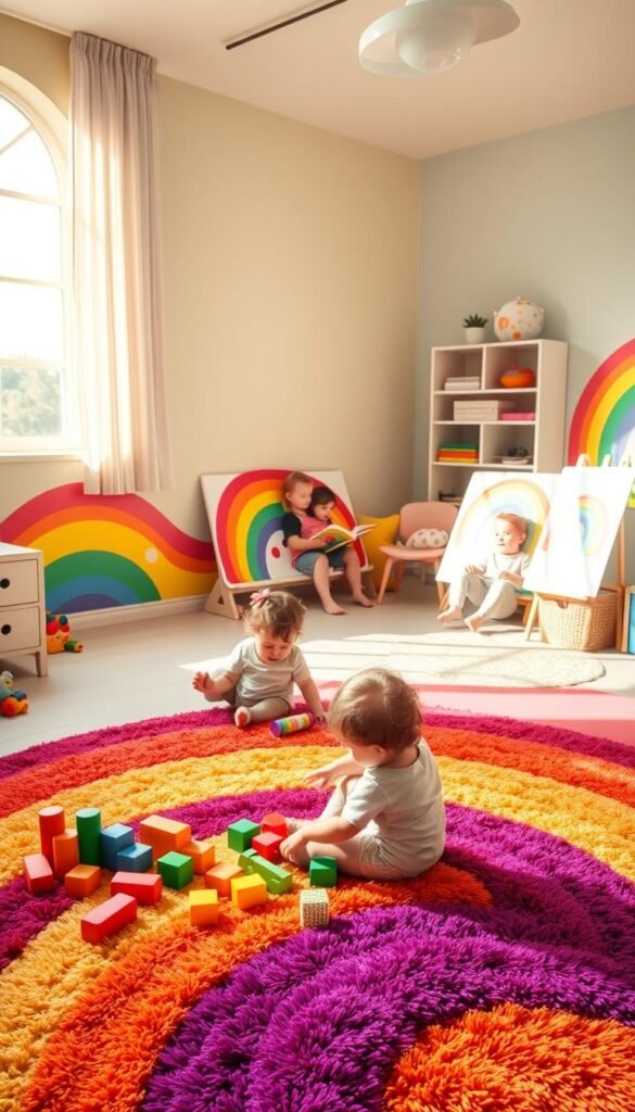 A brightly lit nursery with a vibrant rainbow mural covering the walls, casting a warm glow over a group of toddlers engaged in various developmental activities. In the foreground, a child sits on a plush rainbow-colored rug, exploring colorful building blocks. In the middle ground, another child paints a rainbow-themed canvas, their face alight with concentration. In the background, a cozy reading nook invites little ones to curl up with books, surrounded by rainbow-hued cushions and shelves. The scene radiates a sense of joy, creativity, and the boundless potential of early childhood development.