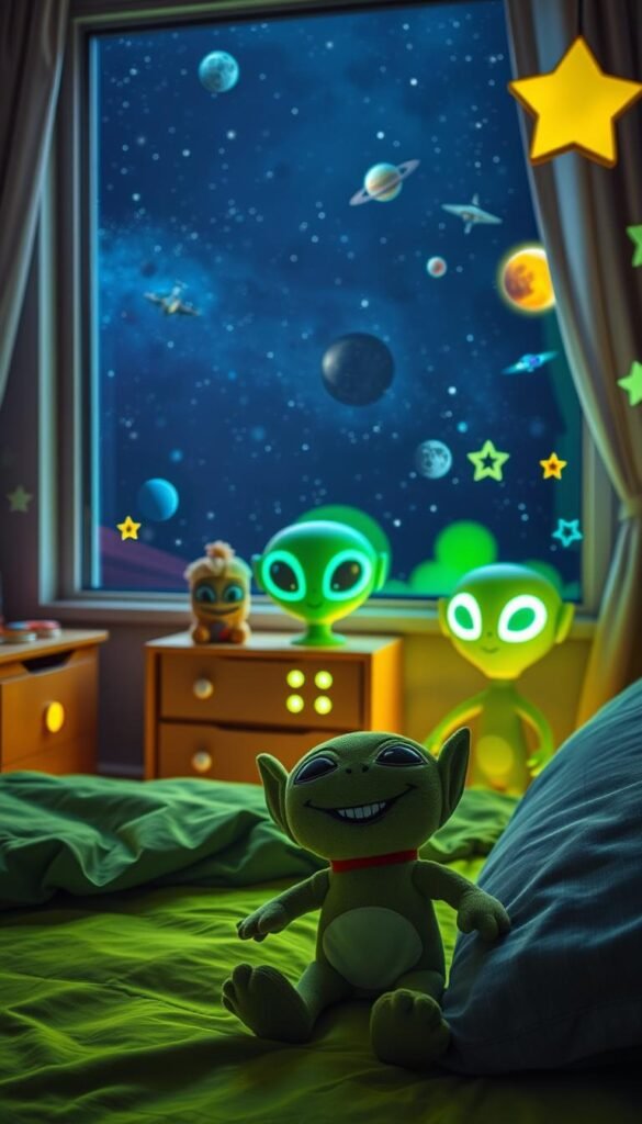 A cozy alien-themed bedroom with friendly extraterrestrial characters. The foreground features a smiling, cartoonish alien plush toy on a vibrant green bed. The middle ground showcases a playful alien-shaped nightstand and lamp, complemented by glow-in-the-dark star stickers on the walls. In the background, a large window offers a view of a starry night sky, with planets and spaceships floating in the distance. The lighting is soft and atmospheric, creating a welcoming and imaginative ambiance. The overall scene conveys a sense of wonder and whimsy, perfect for a child's space-themed room.