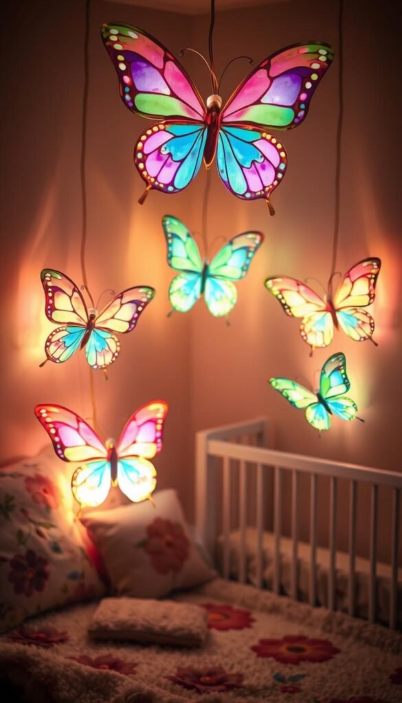 A cozy and enchanting butterfly nursery, bathed in the warm glow of colorful butterfly-shaped lamps. Delicate, translucent wings cast a magical, kaleidoscopic light across the room, creating a dreamlike atmosphere. Soft, diffused illumination highlights the intricate details of the nursery decor - whimsical floral patterns, fluffy cloud-like pillows, and a plush, butterfly-themed rug. The lamps, suspended from the ceiling, appear to flutter and dance, their gentle movements mimicking the graceful flight of real butterflies. This serene, fairytale-inspired scene evokes a sense of wonder and tranquility, perfect for lulling a little one to sleep in a cozy, butterfly-filled nursery.
