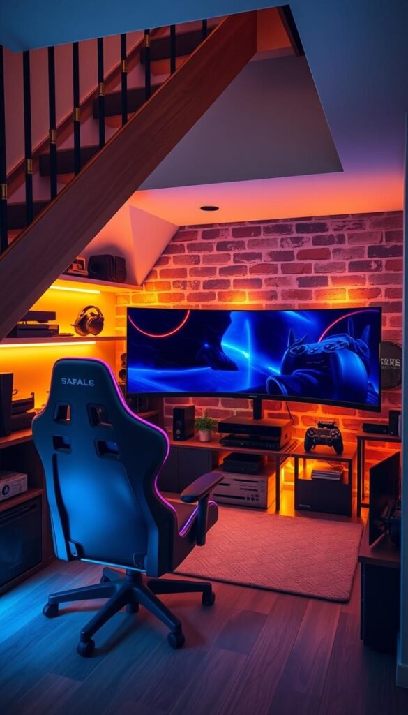 A cozy and ergonomic gaming nook nestled beneath a staircase, with warm LED lighting casting a soft glow. A high-back gaming chair sits in the foreground, its plush upholstery and lumbar support inviting prolonged sessions. Shelves along the walls display an array of gaming consoles and accessories, while a large ultra-wide monitor takes center stage, its curved screen providing an immersive viewing experience. The background features a textured brick wall, adding depth and character to the scene. Subtle ambient details, such as a small potted plant and tasteful wall decor, complete the inviting and tech-savvy atmosphere of this under-stairs entertainment zone.