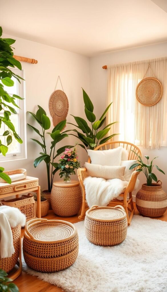 A cozy and inviting boho baby girl nursery filled with rattan furniture, including a rocking chair, side table, and baskets. The space is bathed in warm, natural lighting from a large window, casting a soft, golden glow over the room. The rattan pieces are complemented by plush textures, such as a fluffy white rug and a macrame wall hanging. Lush, leafy plants add pops of verdant green, while delicate floral accents bring a touch of feminine charm. The overall atmosphere is one of relaxed, earthy elegance, perfectly capturing the essence of a boho-inspired nursery.