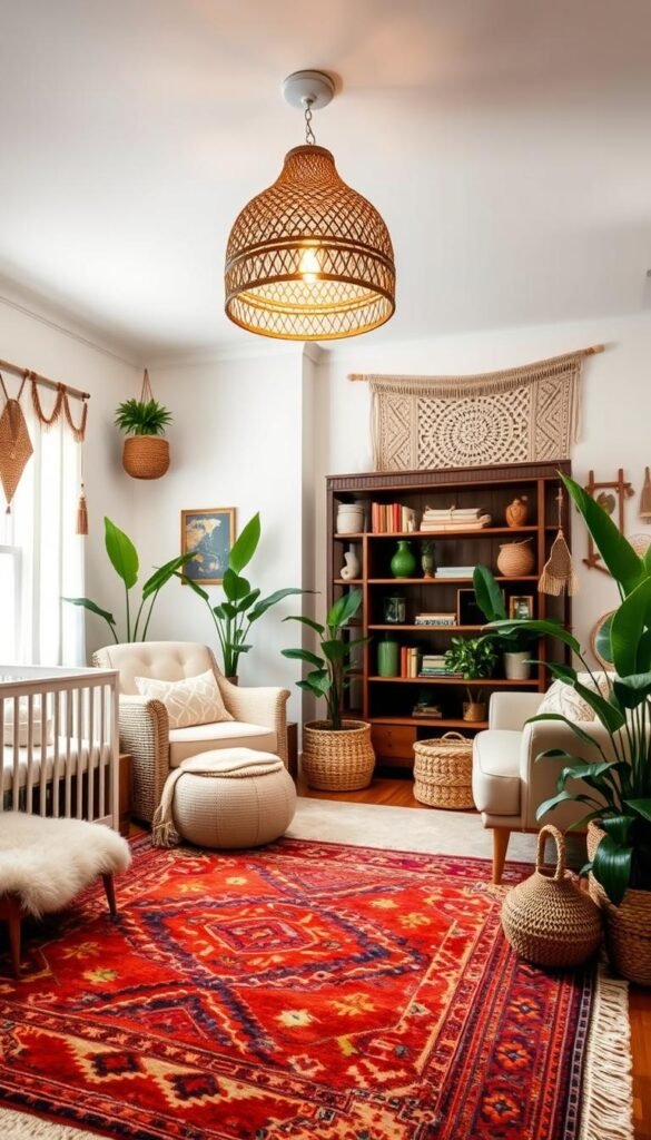 A cozy and inviting boho-inspired nursery, filled with worldly cultural elements. In the foreground, a plush area rug in a vibrant bohemian pattern anchors the space, surrounded by a mix of neutral-toned furniture and textiles. Mid-ground, a hanging rattan light fixture casts a warm, ambient glow, while an ornate, carved wooden bookshelf displays an eclectic array of treasures. In the background, a feature wall is adorned with a large woven wall hanging, its intricate design a nod to global influences. Lush potted plants and natural textures, like woven baskets and macrame accents, create a serene, earthy atmosphere. Soft, directional lighting from multiple sources enhances the cozy, layered ambiance of this worldly boho nursery. A cozy and inviting boho-inspired nursery, filled with worldly cultural elements. In the foreground, a plush area rug in a vibrant bohemian pattern anchors the space, surrounded by a mix of neutral-toned furniture and textiles. Mid-ground, a hanging rattan light fixture casts a warm, ambient glow, while an ornate, carved wooden bookshelf displays an eclectic array of treasures. In the background, a feature wall is adorned with a large woven wall hanging, its intricate design a nod to global influences. Lush potted plants and natural textures, like woven baskets and macrame accents, create a serene, earthy atmosphere. Soft, directional lighting from multiple sources enhances the cozy, layered ambiance of this worldly boho nursery.
