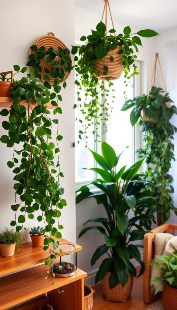 A cozy and serene natural nursery setting with an abundance of child-safe indoor plants. In the foreground, a lush, hanging plant cascades over a warm wood-toned shelf, accompanied by a few potted succulents and a small terrarium. The middle ground features a mix of trailing vines, like pothos and monstera, growing from woven baskets on the wall. In the background, a large floor-to-ceiling window allows soft, natural light to flood the space, illuminating the verdant foliage. The overall atmosphere is one of tranquility and gentle greenery, creating a calming and inviting environment for a child's nursery. A cozy and serene natural nursery setting with an abundance of child-safe indoor plants. In the foreground, a lush, hanging plant cascades over a warm wood-toned shelf, accompanied by a few potted succulents and a small terrarium. The middle ground features a mix of trailing vines, like pothos and monstera, growing from woven baskets on the wall. In the background, a large floor-to-ceiling window allows soft, natural light to flood the space, illuminating the verdant foliage. The overall atmosphere is one of tranquility and gentle greenery, creating a calming and inviting environment for a child's nursery.