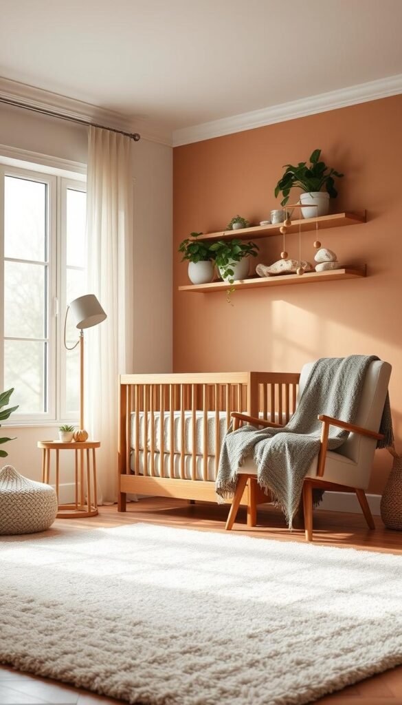 A cozy and serene nursery with a neutral color palette and textured elements. In the foreground, a plush area rug with a subtle pattern adds softness underfoot. Elevated on wooden shelves, potted plants with lush foliage and natural stone accents create a calming, earthy atmosphere. The middle ground features a wooden crib with a simple, clean-lined design, complemented by a hanging mobile with wooden beads. The walls are painted in a warm, muted tone, creating a soothing backdrop. Soft lighting from a minimalist floor lamp casts a gentle glow, while large windows allow natural light to pour in, highlighting the textured throw blanket draped over a comfy armchair. An overall tranquil and harmonious nursery space. A cozy and serene nursery with a neutral color palette and textured elements. In the foreground, a plush area rug with a subtle pattern adds softness underfoot. Elevated on wooden shelves, potted plants with lush foliage and natural stone accents create a calming, earthy atmosphere. The middle ground features a wooden crib with a simple, clean-lined design, complemented by a hanging mobile with wooden beads. The walls are painted in a warm, muted tone, creating a soothing backdrop. Soft lighting from a minimalist floor lamp casts a gentle glow, while large windows allow natural light to pour in, highlighting the textured throw blanket draped over a comfy armchair. An overall tranquil and harmonious nursery space.