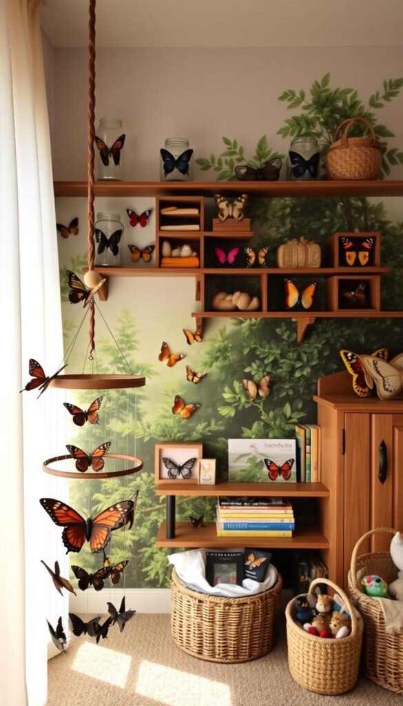 A cozy and tranquil butterfly nursery, the shelves adorned with jars and wooden boxes, each containing a unique butterfly specimen. Soft, natural lighting filters through sheer curtains, casting a warm glow over the delicate display. In the foreground, a hand-carved mobile with butterfly figurines gently sways, creating a serene ambiance. The middle ground showcases charming storage solutions, such as a rustic cabinet housing an array of nature books and a woven basket filled with butterfly-themed toys. In the background, a stunning mural of a lush, verdant garden provides a whimsical backdrop, further enhancing the dreamlike atmosphere of this enchanting nursery space.