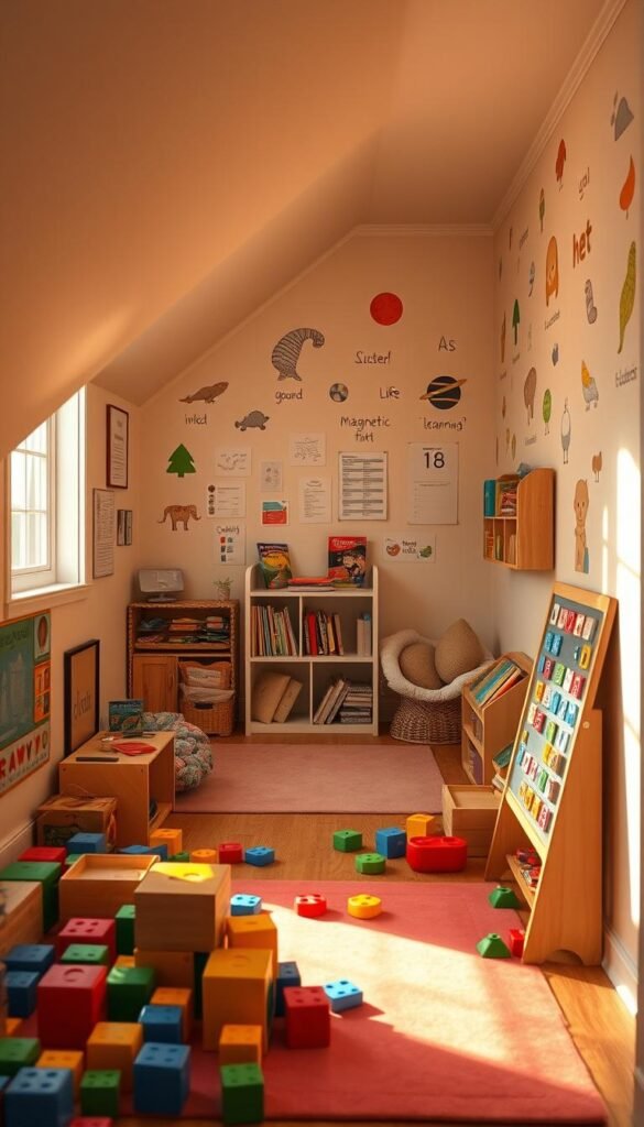 A cozy and vibrant educational play area nestled under a staircase, bathed in warm, natural lighting from a nearby window. The foreground features a variety of interactive learning elements, such as colorful blocks, puzzles, and a magnetic alphabet board, encouraging hands-on exploration. In the middle ground, a small reading nook with plush pillows and a bookshelf stocked with children's literature. The background showcases educational wall decals, charts, and visual aids, creating an immersive learning environment. The overall atmosphere is one of whimsy, creativity, and a sense of wonder, inviting little learners to discover and engage with their surroundings.