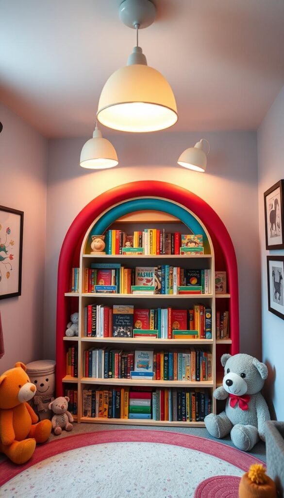 A cozy and vibrant nursery with a whimsical rainbow-themed bookshelf as its centerpiece. The bookshelf is filled with color-coded volumes, creating a visually striking display. Soft, diffused lighting from overhead fixtures casts a warm glow, complementing the playful ambiance. Framed artwork and plush toys accent the space, inviting a sense of wonder and imagination. The bookshelf is the focal point, drawing the eye and inspiring a love of reading in the young occupant. The overall scene evokes a sense of joy, creativity, and a nurturing environment perfect for a growing mind.