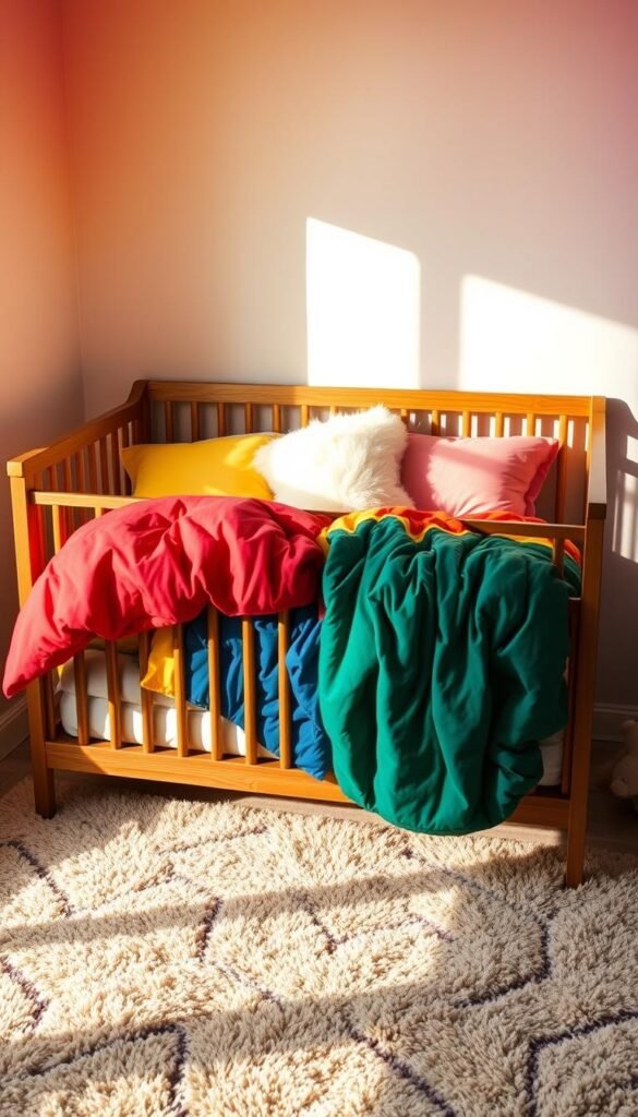 A cozy and vibrant rainbow nursery bedding scene, featuring a plush, multicolored comforter and sheets in a variety of cheerful hues - crimson, sunshine yellow, deep indigo, and lively emerald green. The bedding is arranged neatly on a wooden crib frame, bathed in warm, diffused lighting that casts a soft, inviting glow. Fluffy, cloud-like pillows in complementary pastel tones add to the comforting atmosphere. In the background, a soothing, gradient-filled wall mural in rainbow gradients creates a serene, dreamlike backdrop, while a plush, patterned rug in muted tones grounds the scene. The overall effect is a harmonious, cozy, and cheerful nursery space.