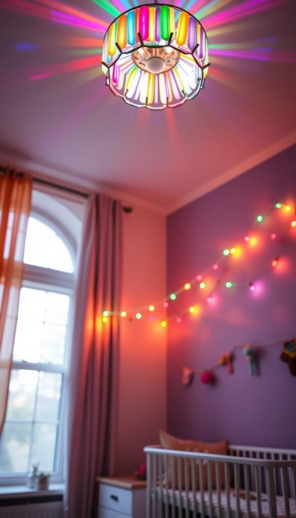 A cozy and vibrant rainbow nursery illuminated by an array of whimsical lighting options. In the foreground, a soft, multicolored chandelier casts a warm glow, its prismatic rays dancing across the walls. In the middle ground, a row of colorful string lights draped along the ceiling, creating a playful and magical atmosphere. In the background, a large, panoramic window floods the room with natural daylight, highlighting the diverse rainbow hues of the decor. The overall lighting setup is carefully balanced, creating a sense of coziness and wonder, perfect for a delightful and joyful nursery space.