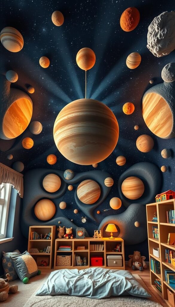 A cozy and whimsical solar system bedroom with a starry night sky overhead. The walls are adorned with 3D planets and moons, each with intricate details and textured surfaces. A large, central planet hangs from the ceiling, casting a warm, ethereal glow across the room. Beams of soft, diffused lighting create a serene, dreamlike atmosphere. Bookshelves and toys are cleverly incorporated into the celestial theme, blending seamlessly with the room's enchanting, out-of-this-world aesthetic. The overall effect is one of wonder and imagination, perfect for inspiring a young mind's exploration of the cosmos.