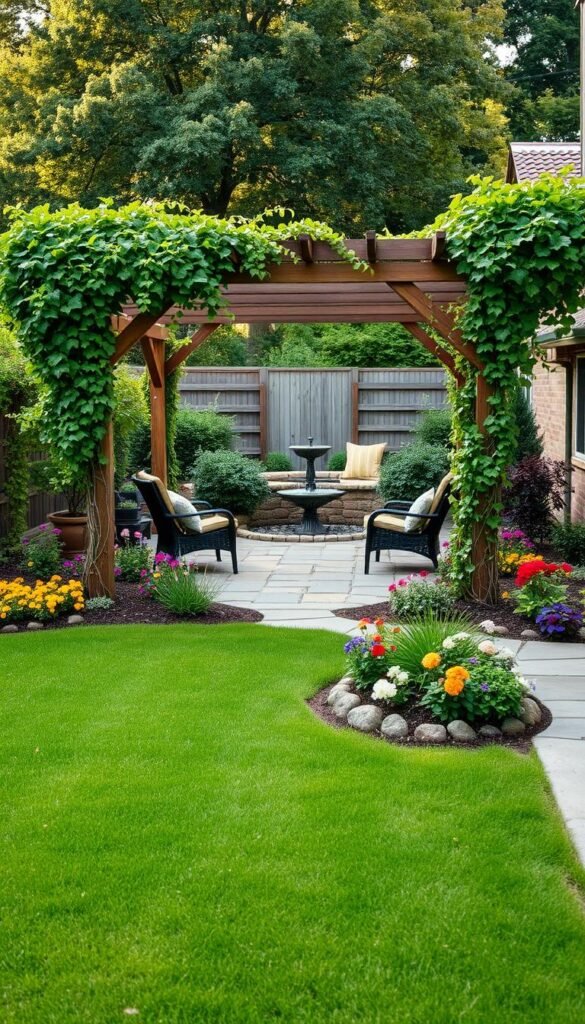 A cozy backyard oasis featuring a neatly landscaped garden with a charming stone patio. In the foreground, a lush, vibrant lawn with strategically placed garden beds overflowing with a variety of colorful flowers and lush foliage. In the middle ground, a well-designed wooden pergola with trailing vines creates a shaded seating area, providing a multi-functional space for relaxation and al fresco dining. Toward the back, a tranquil water feature, such as a small pond or fountain, adds a soothing ambiance. The scene is bathed in warm, natural lighting, captured with a wide-angle lens to showcase the depth and balance of the composition. The overall atmosphere is one of a harmonious, inviting, and well-thought-out backyard retreat. A cozy backyard oasis featuring a neatly landscaped garden with a charming stone patio. In the foreground, a lush, vibrant lawn with strategically placed garden beds overflowing with a variety of colorful flowers and lush foliage. In the middle ground, a well-designed wooden pergola with trailing vines creates a shaded seating area, providing a multi-functional space for relaxation and al fresco dining. Toward the back, a tranquil water feature, such as a small pond or fountain, adds a soothing ambiance. The scene is bathed in warm, natural lighting, captured with a wide-angle lens to showcase the depth and balance of the composition. The overall atmosphere is one of a harmonious, inviting, and well-thought-out backyard retreat.