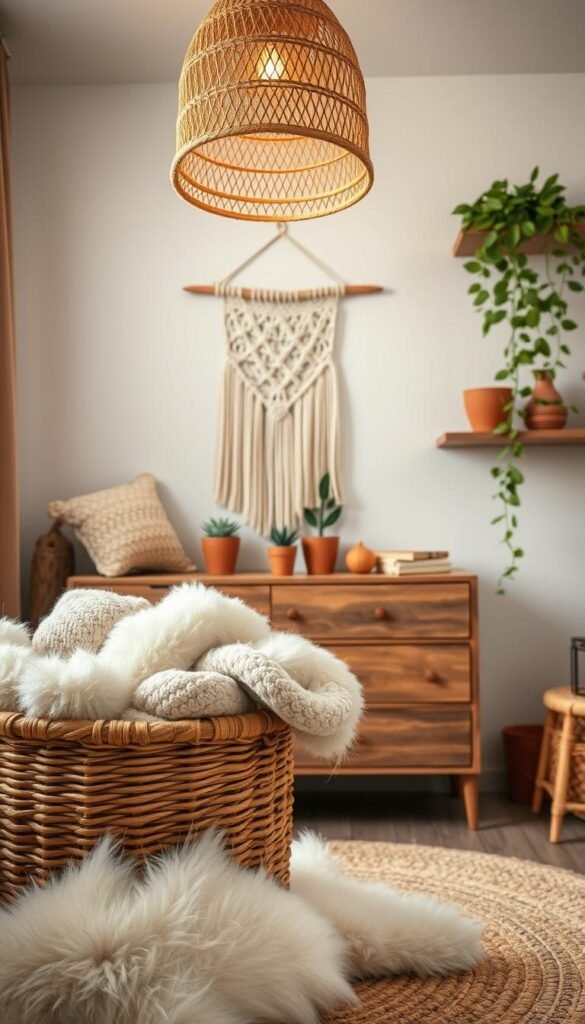 A cozy boho boy's nursery with natural, earthy materials. In the foreground, a woven basket overflows with plush sheepskins and chunky knit blankets. In the middle ground, a rattan pendant light casts a warm glow over a wooden dresser adorned with a macrame wall hanging and terracotta planters. In the background, a lush, trailing plant cascades from a floating shelf, complementing the organic textures and tones throughout the space. Soft, diffused lighting creates a serene, inviting atmosphere. Photographed with a wide-angle lens to capture the full scene. A cozy boho boy's nursery with natural, earthy materials. In the foreground, a woven basket overflows with plush sheepskins and chunky knit blankets. In the middle ground, a rattan pendant light casts a warm glow over a wooden dresser adorned with a macrame wall hanging and terracotta planters. In the background, a lush, trailing plant cascades from a floating shelf, complementing the organic textures and tones throughout the space. Soft, diffused lighting creates a serene, inviting atmosphere. Photographed with a wide-angle lens to capture the full scene.