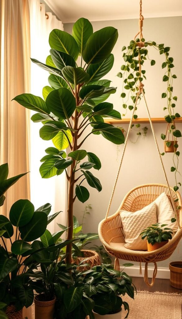 A cozy boho-inspired nursery filled with lush, natural greenery. In the foreground, a vibrant fiddle-leaf fig tree stands tall, its broad leaves casting a warm, dappled glow. Flanking it, a cluster of potted snake plants and monstera deliciosa add textural contrast. In the middle ground, a rattan hanging chair sways gently, creating a serene, bohemian atmosphere. Trailing vines of string of pearls and heart-shaped philodendrons drape from floating shelves, framing the scene. The background features a soft, textured wall in a muted sage tone, complementing the earthy, natural tones. Warm, diffused lighting filters through sheer curtains, creating a calming, inviting ambiance.