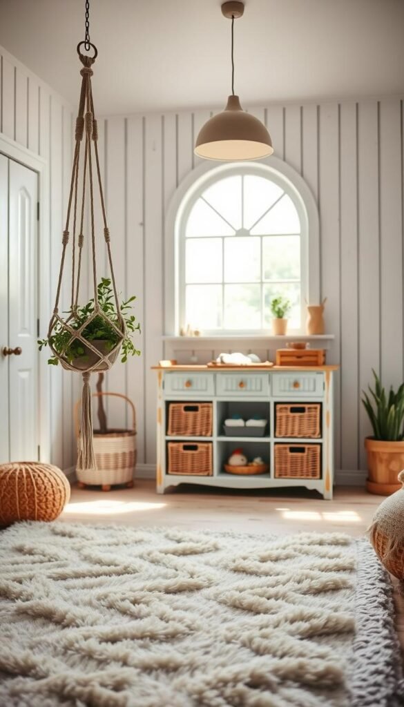 A cozy, boho-inspired nursery with practical storage solutions. In the foreground, a plush area rug and a hanging macrame plant holder create a warm, earthy ambiance. In the middle ground, a vintage-style dresser with woven baskets and open shelving provides ample storage for clothes, toys, and essentials. The background features whitewashed wood paneling, complemented by a large, arched window that floods the space with natural light. Soft, diffused lighting from a stylish pendant lamp casts a gentle glow, evoking a serene, relaxed atmosphere. The overall design blends functionality and bohemian charm, creating a practical yet visually appealing nursery space.