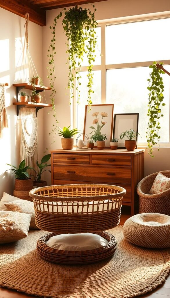 A cozy boho nursery filled with natural textures and warm lighting. In the foreground, a rattan bassinet sits atop a woven area rug, surrounded by plush floor cushions and a macrame wall hanging. The middle ground features a wooden dresser adorned with potted plants and a framed botanical print. Trailing vines cascade from floating shelves, casting soft shadows across the scene. The background is dominated by a large window that bathes the room in golden afternoon sunlight, highlighting the organic materials and earthy color palette. An atmosphere of serene tranquility and nurturing comfort pervades the space.