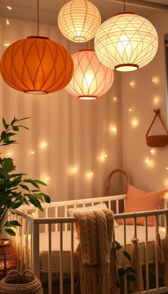 A cozy boho nursery with whimsical paper lanterns and delicate string lights gently illuminating the serene space. The lanterns in shades of warm ochre, sage, and dusty rose float effortlessly, casting a soft, dreamy glow. Lush greenery and natural textures like woven baskets and macrame accents create a relaxed, organic atmosphere. The string lights twinkle softly, adding a touch of magical enchantment to the tranquil setting. Hazy, ambient lighting bathes the scene in a soothing, golden hue, evoking a sense of comfort and coziness. The overall mood is one of whimsical elegance, perfect for a serene and inviting boho-inspired nursery.