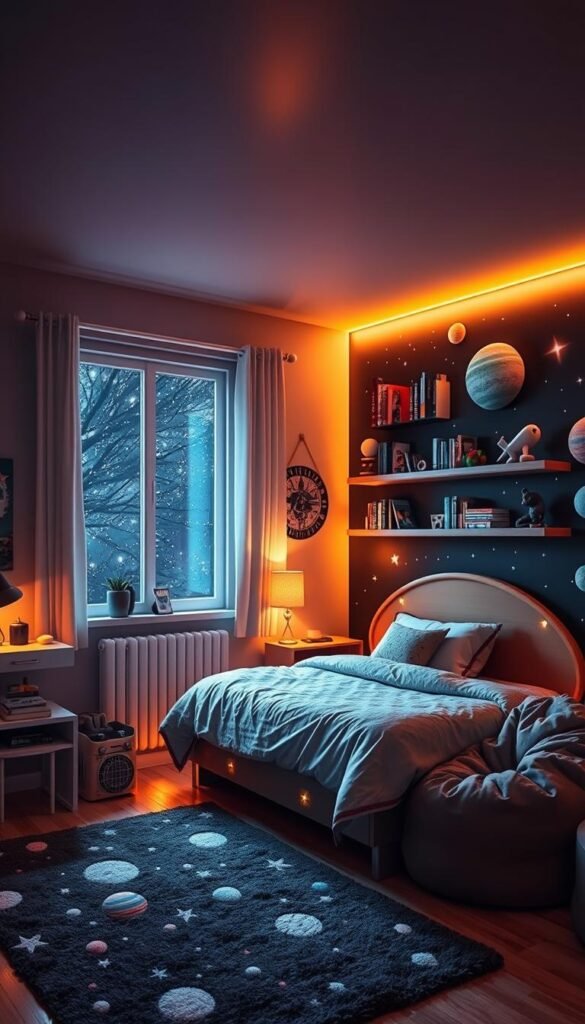 A cozy budget space bedroom with a DIY rocket ship bed, glow-in-the-dark planets and stars on the walls, a floating bookshelf of sci-fi novels, and a small desk with a futuristic lamp. Warm ambient lighting creates a dreamlike atmosphere, while the open window reveals a night sky twinkling with distant galaxies. A plush space-themed rug and a beanbag chair complete the scene, inviting young space explorers to embark on imaginative adventures.